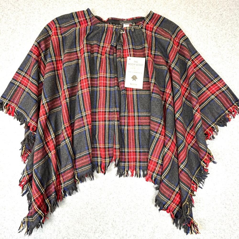Vtg Wool Blend Tartan Plaid Cape Wrap Red Gray NWT Fringe OS The Complex Erin Le